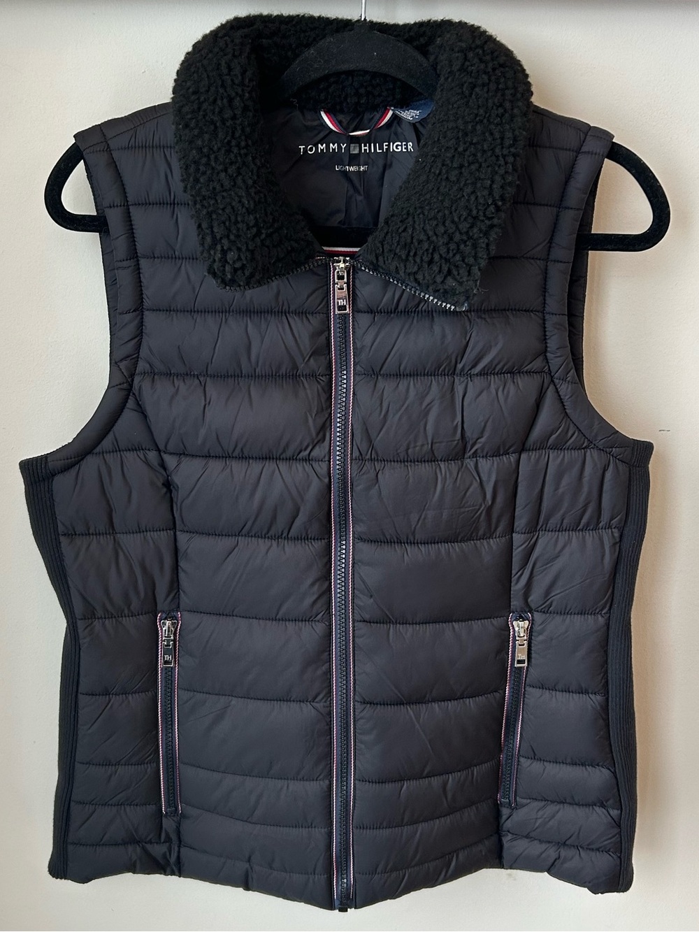 Tommy Hilfiger Black Puffer Vest Sherpa Collar Lightweight Y2K Utility Size Med